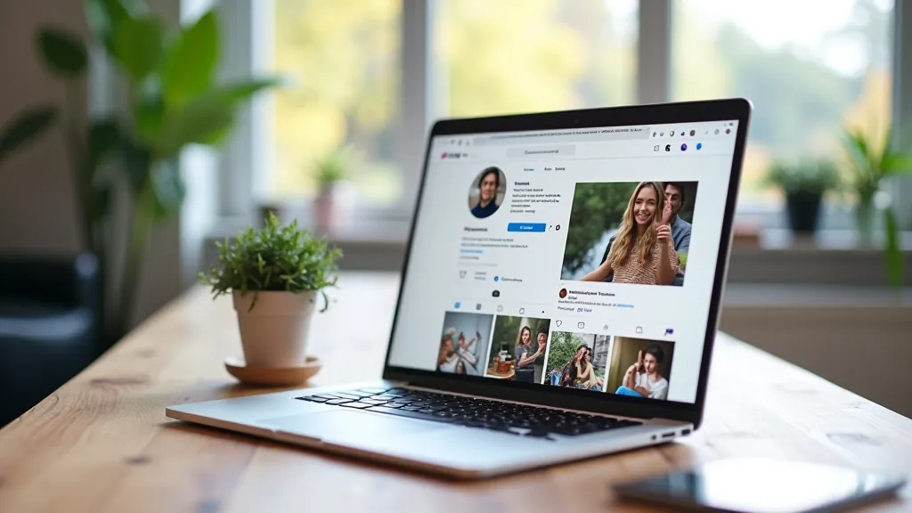 Dators ar Instagram pierakstītu ekrānā, darba vietas uzstādījums